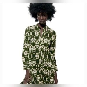 NWOT ZARA PRINTED TUNIC DRESS GREEN / ECRU SIZE M